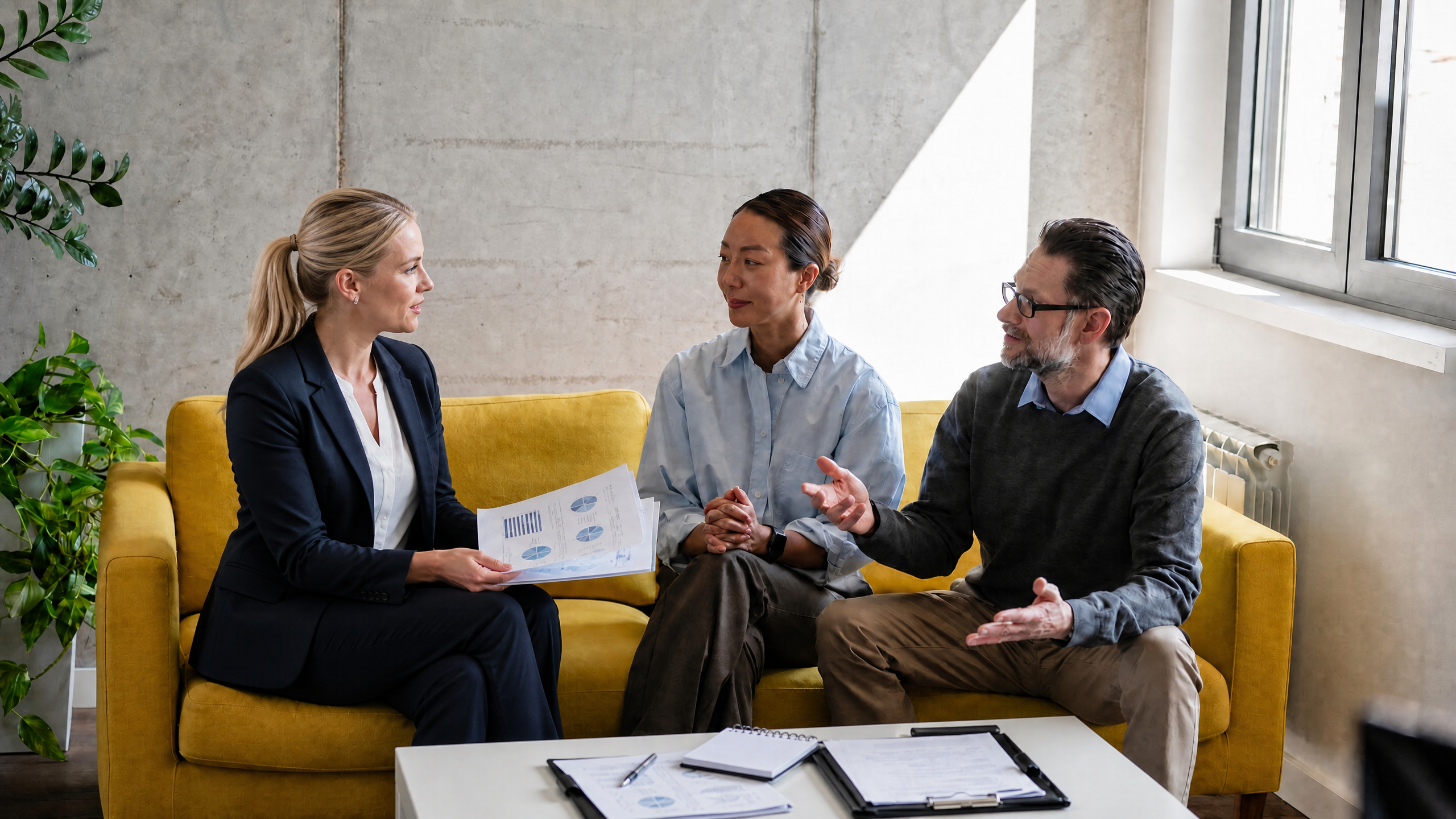 A financial advisor reviewing documents with two clients in a modern office